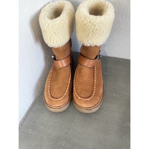 COACH Moto Shearling Turnlock Harness Brown Suede Winter Boot Size 7 - Picture 11 of 12